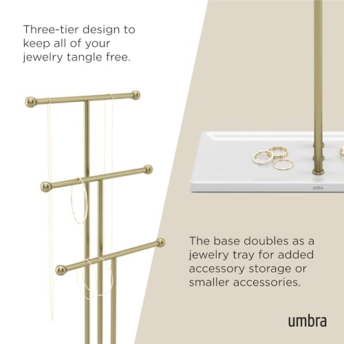 Umbra Trigem Hanging Jewelry Organizer Tiered Tabletop Free Standing Necklace Holder Display, White/Gold