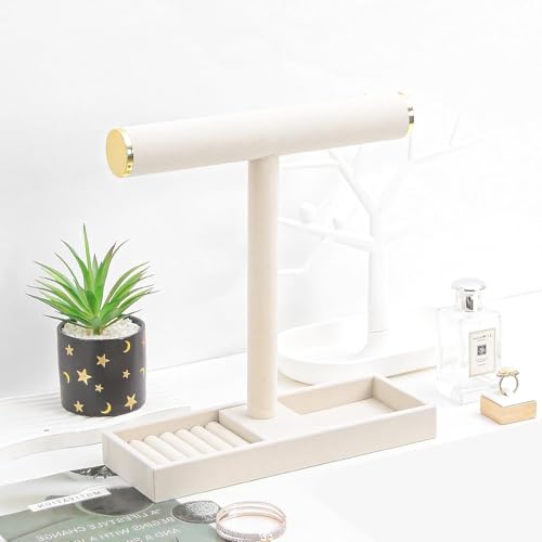 Coward Jewelry Organizer Stand, Velvet Necklace Bracelet Watch Ring Display Holder with Tray, Multi-use Jewelry Display Stand for Women Girls Dresser Nightstand (Beige) - color: Beige Gold End