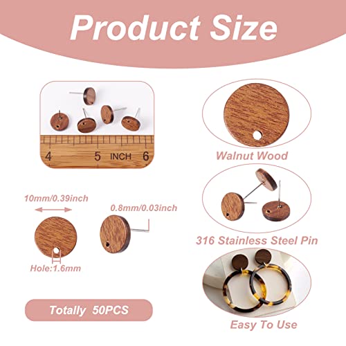 PH PandaHall Pandahall 50pcs Walnut Wood Flat Round Earring Stud 10mm Natural Wooden Earring Stud with 316 Stainless Steel Findings for DIY Earrings Making, Hole: 1.6mm