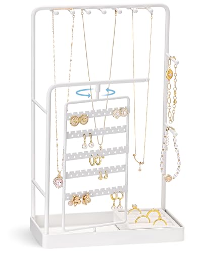 ProCase Jewelry Stand Holder Organizer, Jewelry Display Storage with Ring Tray, Rotating Earring Bracelet Necklace Holder, Valentine's Gifts Room Dorm Decor for Teen Girls -White (No-Assembly) - color: White