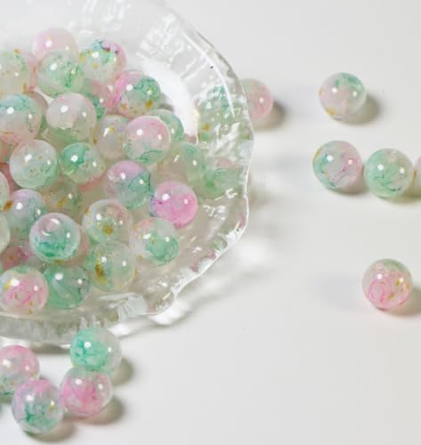 100Pcs 10mm Crackle Glass Beads for Jewelry Making - Round Spacer Crystal Beads Bulk, DIY Craft Supplies for Necklace Bracelet Earrings (Pink Green Gold) - color: Pink Green Gold
