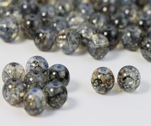100Pcs 10mm Crackle Glass Beads for Jewelry Making - Round Spacer Crystal Beads Bulk, DIY Craft Supplies for Necklace Bracelet Earrings (Gray Black) - color: Grey Black