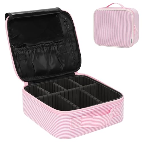 Relavel Travel Makeup Train Case, Portable Cosmetic Case Makeup Organizer, Professional Artist Storage Bag with Adjustable Dividers for Cosmetics Brushes, Birthday Gifts for Girls, Pink Stripe - color: Pink Pinstripe, size: Small