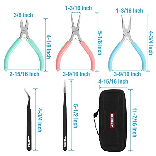WORKPRO 5-Piece Jewelry Pliers Kit - Round Nose, Chain Nose, Wire Cutters, Pointed & Curved Tweezers, Case Included