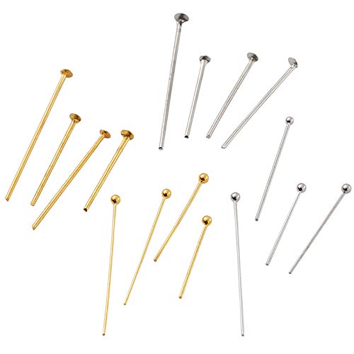Craftdady 1600Pcs Flat Head Pins Ball Point Headpins 2 Colors Metal Wire Needle Pin Set for Earring Pendant Jewelry Necklace Bracelet Making (18mm/20mm/24-25mm/30mm) - color: Gold & Platinum, Flat & Ball Head Pins