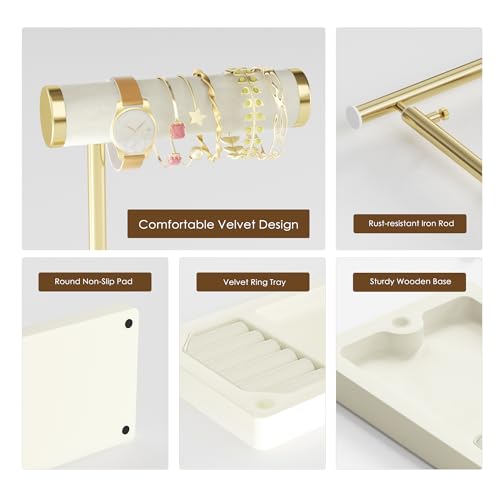 SZQINJI 5 Tier Jewelry Holder Organizer, Gold Jewelry Stand with Velvet Bracelet Holder, Adjustable Height Jewelry Display for Necklaces, Bracelets, Earrings, Rings, Gift Idea for Women, Beige - color: Beige