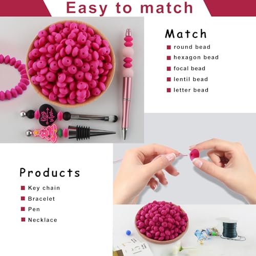 Sunrony 200Pcs Silicone Lentil Beads for Keychain Making, Bulk 12mm Silicone Abacus Spacer Beads for Necklace Bracelet Making Pens(Magenta) - color: H-Magenta
