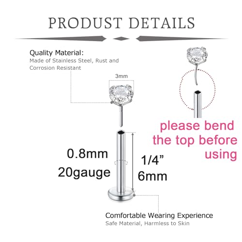 QWALIT Piercing Taper Threadless Insertion Tool - Titanium Labret Pin 16g, 18g, 20g - color: F11 - Silver Thin 20g