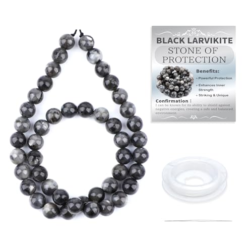 Natural Stone Beads Round Genuine Real Stone Beading Strand Loose Gemstones DIY Smooth Bead for Bracelet Necklace Earrings Jewelry Making (Black Larvikite, 8mm 45 Pieces) - color: Black Larvikite, size: 8mm 45pcs