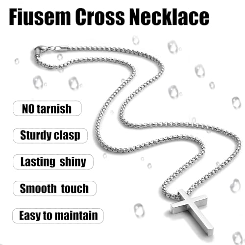 Fiusem Cross Necklace for Men, Silver/Gold/Black Mens Cross Necklaces with 2.5mm Cross Chain and Stainless Steel Cross Pendant, Box Chain 16-24 Inch, Jewelry Gift - size: 22.0 Inches, style: Small silver cross: 1.2" * 0.7"