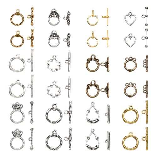 Craftdady 120 Sets Antique Silvery Toggle Clasps - Tibetan T-Bar Closure With Connectors for Bracelet Jewelry Crafts Making (Ring, Drop, Heart, Flower, Crown) - color: 11 Styles, Antique Bronze, Silver, Gold