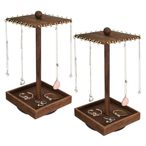 Ikee Design 2 Pcs Set Wooden Rotating Jewelry Display Stand Tower,Jewelry Organizer for Necklace and Bracelet,Rotating Necklace and Bracelet Holder Organizer,Jewelry Stand for Shows, Brown Color - color: 6) Brown, 2 Pieces