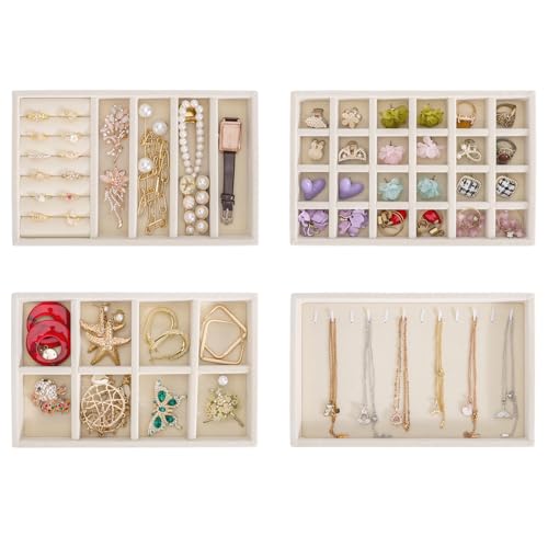 Velvet Jewelry Drawer Storage Tray, Set of 4 Stackable Drawer Organizer, Multifunctional Jewelry Display Organizer, Storage Box for Earrings, Rings, Necklaces, Bracelets, Brooches, Watches - color: ZH-Beige