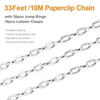 Kyutong 32.8 Feet Flat Oval Paperclip Jewelry Chain Link Silver Stainless Steel Chain Necklace Long Crafting Chains with Lobster Clasps and Open Jump Rings - color: Oval Paperclip Silver