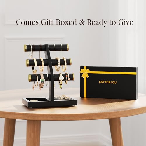 SRIWATANA 1 Bracelet Holder, Jewelry Display Stand Birthday Mother's Day Christmas Wood Solid Wood Classic Design Non-Slip Pad Metal End Cap Keeps Jewelry Secure T-Bar Organizer for Bracelets - Black - color: Black
