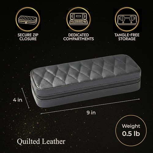 Bey-Berk Diamond-Quilted Leather Travel Jewelry Case, Black, 9" x 4" x 1.75" - color: Black