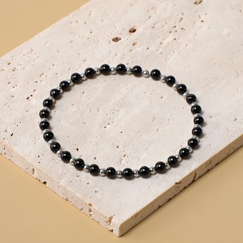 QOGIR 14k gold Handmade Healing Bracelet, Natural Gem Stone Crystal Elastic Gold Bracelet - color: Black Onyx Silver - Protecting and Grounding, size: 4m