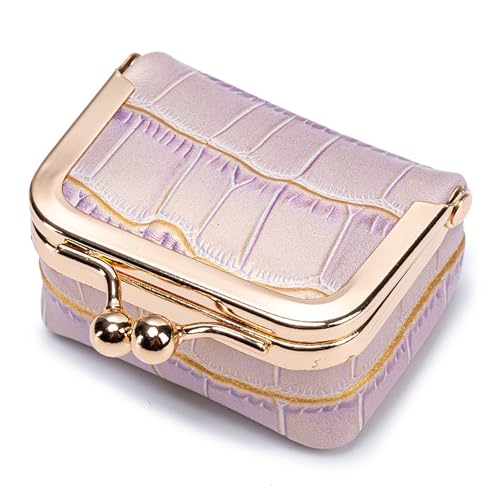Mini Travel Jewelry Box Organizer with Crocodile Pattern, Premium Cowhide Leather, Rose Gold Kiss-Lock Clasp, Portable Storage Case, 2.56 x 1.77 x 1.38 Inches (Light purple, S) - color: Light purple