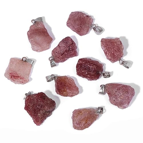 10pcs Irregular Raw Natural Strawberry Rock Stone Pendant Healing Crystal Chakra Gemstone Charm for Jewelry Making DIY Necklace Earrings Accessories Reiki - color: Strawberry