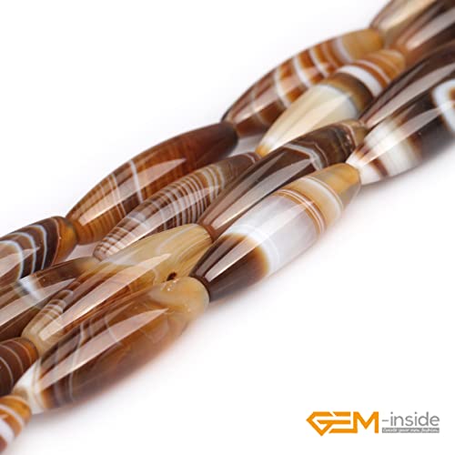 GEM-Inside 8x30mm Natural Brown Botswana Onyx Agate Stone Semi Precious Rice Olive Oval Chakras Beads for Jewelry Making DIY Handmade Craft Supplies 15" - size: Brown-8x30mm