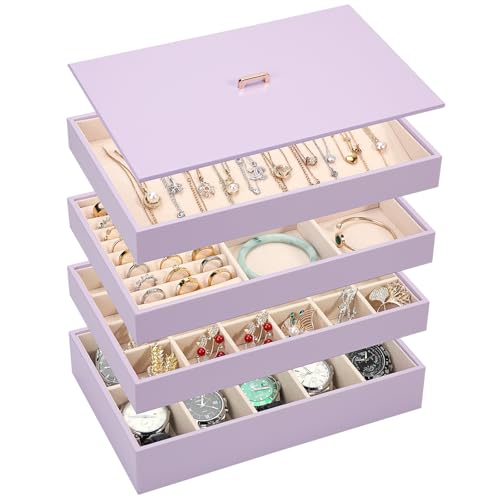 Voova Stackable Jewelry Organizer Tray with Lid, PU Leather Jewelry Storage Holder for Drawer Inserts, Jewellery Display Box Case for Earring Necklace Ring Watch Bracelet (Set of 4, Lavender) - color: Lavender