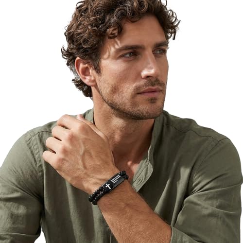 Mens Bracelet Fathers Gifts Day Black Braided Leather Stainless Steel Cross Jewelry Charming Bracelet Embedded with Black Agate Beads,Perfect for Wedding, Parties, and Everyday,Bible Verse Christian Religious Gift(7.5/8.5/9 Inch) - color: D+black+8.5