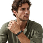 Mens Bracelet Fathers Gifts Day Black Braided Leather Stainless Steel Cross Jewelry Charming Bracelet Embedded with Black Agate Beads,Perfect for Wedding, Parties, and Everyday,Bible Verse Christian Religious Gift(7.5/8.5/9 Inch) - color: D+black+8.5