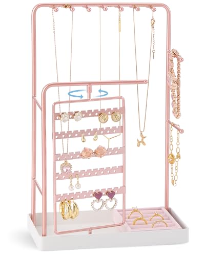 ProCase Jewelry Stand Holder Organizer, Jewelry Display Storage with Ring Tray, Rotating Earring Bracelet Necklace Holder, Valentine's Gifts Room Dorm Decor for Teen Girls -Rosegold (No-Assembly) - color: Rosegold