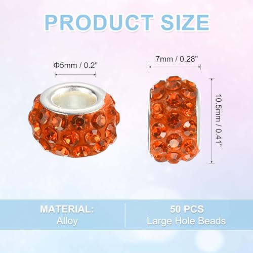 uxcell 50Pcs European Large Hole Beads, Rhinestone Craft Bead Crystal Charm Spacer Beads for Pens Bracelet Making Necklace DIY Craft, Orange - color: Orange