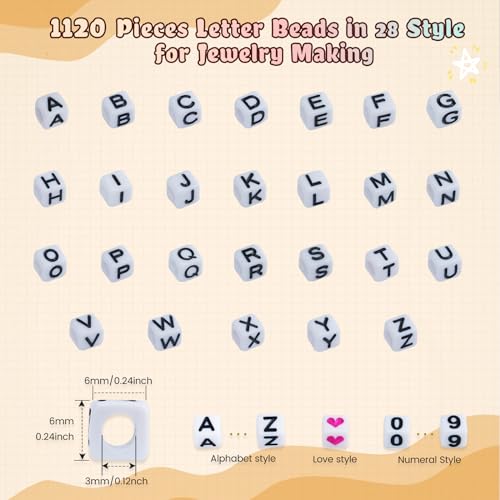 FZIIVQU 1400 Pcs Letter Beads Kit, 28 Styles White Acrylic Alphabet Beads Letter Beads for Jewelry Making wiht Number Beads Heart Beads Friendship Bracelet Kit - color: Black Letter & White Base, size: 6*6mm