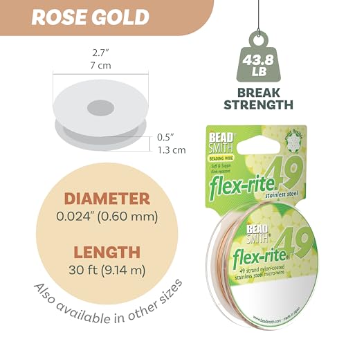 The Beadsmith Flex-Rite Beading Wire - 49-Strand Nylon-Coated Stainless-Steel Wire, 0.024" (0.60 mm) Dia, Rose Gold, 30 ft Spool, Necklace & Bracelet String, for Jewelry Making Supplies - color: Rose Gold, size: .024” Dia - 30 ft
