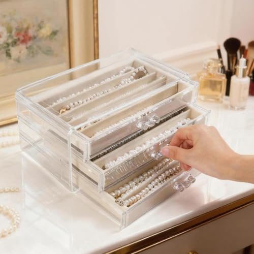 CLUQMEIK Necklace Organizer Box with Clear Lid, Dustproof Velvet Jewelry Holder Storage Display Case, Stackable Acrylic Necklace Tray Drawer Insert for Women and Girls (Beige,3 Drawers) - color: BEIGE-3Layer