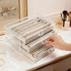 CLUQMEIK Necklace Organizer Box with Clear Lid, Dustproof Velvet Jewelry Holder Storage Display Case, Stackable Acrylic Necklace Tray Drawer Insert for Women and Girls (Beige,3 Drawers) - color: BEIGE-3Layer