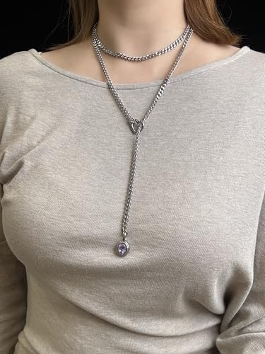 Heart Slip Chain Necklace for Women, 39 Inch Cuban Chain, Removable Heart O-Ring, Crystal Pendant, Adjustable Stainless Steel Y-Necklace - color: Silver-Purple