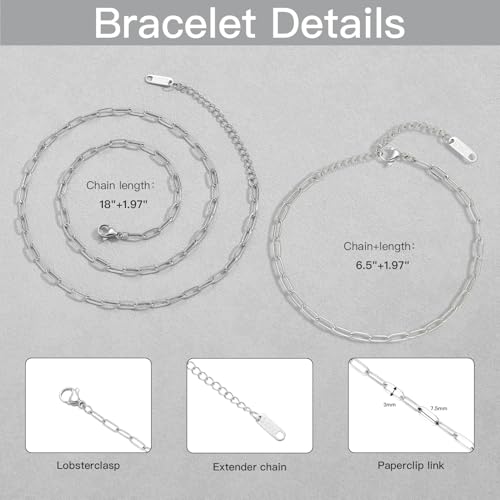 Swyabi 20 Pack Stainless Steel Paperclip Chains Link Adjustable Necklace Bracelet Bulk for Men Women DIY Bracelets Crafts - color: 3x7.5mm Silver