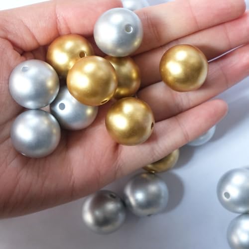 50PCS 20MM Bubblegum Beads for Pens, Matted Gold Silvery Chunky Disco Ball Large Acrylic Round Beads for Bag Focal Beadable Pen Keychain Making Jewelry Bracelet Making DIY Crafts - color: Matted Gold Silvery