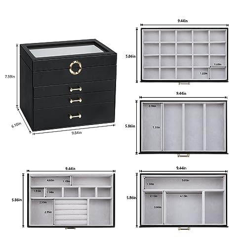 Jewelry Organizer Jewelry Boxes for Women, Jewelry Box with Clear Glass Lid 4-Tier with 3 Drawers, Gift for Women Girl, Black Glass Lid - color: Black Glass Lid