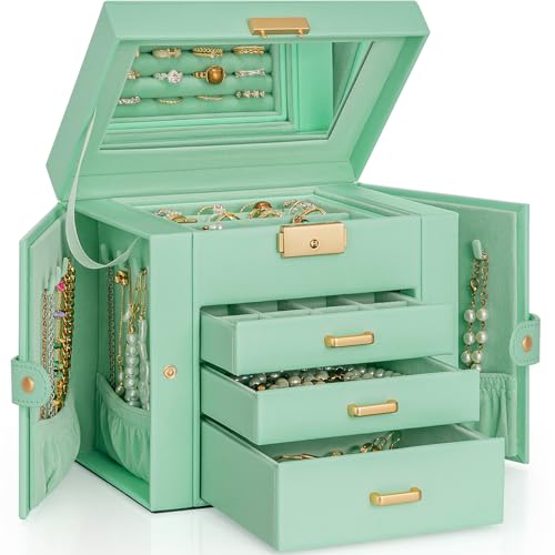 AKOZLIN 4-Tier Jewelry Box Leather Jewelry Storage Organizer with 3 Drawers Lockable for Women Girls Ring Necklace Earring Bracelet Holder with Mirror - color: Water Blue, size: Regular-4 Layer