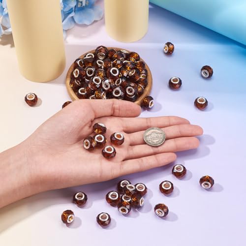 100pcs 14mm Large Hole Beads Glass Crystal Faceted Beads Brown European Crystal Spacer Bead for Valentine's Day Necklace Earring Bracelet Crafts Jewelry Making - color: Brown