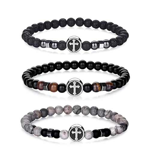 RANKEEF Tiger Eye Bracelet For Men 8MM Natural Stone Stretch Adjustable Black Crystal Beaded Bracelet for Men Women Gifts - color: 3,gray,black