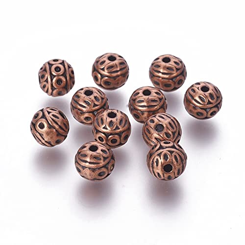 KISSITTY 50Pcs Antique Red Copper Round Iron Beads 8mm Small Hole Loose Metal Corrugated Round Bead Craft Tibetan Style Alloy Spacer Bead for DIY Jewelry Making Findings Charms Pendants