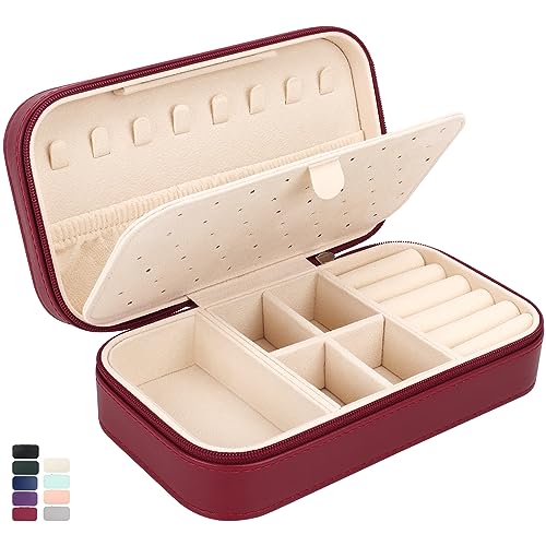 DesignSter Travel Jewelry Box, PU Leather Portable Jewelry Case, Small Jewelry Boxes for Gifts, Travel Jewelry Organizer for Women Rings Earrings Necklaces Bracelets (Wine Red) - color: Wine Red