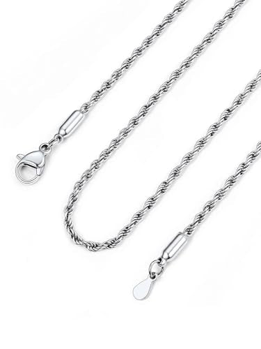 Bandmax Solid 1.5mm/2mm/3mm/6mm Rope Chains for Men Women 14K Gold Plated/Black Plated Stainless Steel Twist Chain 16-30 Inches, with Gift Box - color: 01 1.5MM Steel