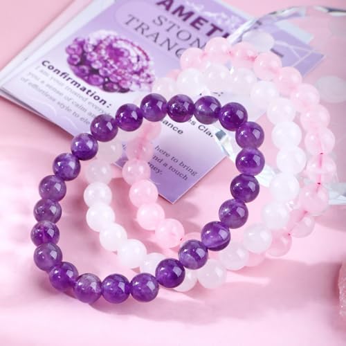2/3-Pieces 4mm 6mm 8mm Natural Crystal Gemstone – Handmade Reiki Energy Healing Stretch Bracelets Jewelry for Yoga, Meditation, Unisex - color: 3 Pieces (Amethyst&PinkQuartz&WhiteJade), size: 8mm