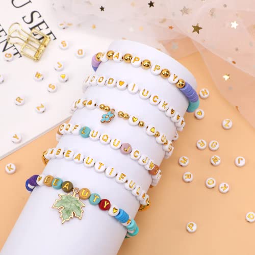DECYOOL Letter Beads, 1900Pcs 4×7mm White Gold Acrylic Alphabet Beads with 1 Roll Elastic String for Bracelet Necklace Jewelry Making Supplies - color: White