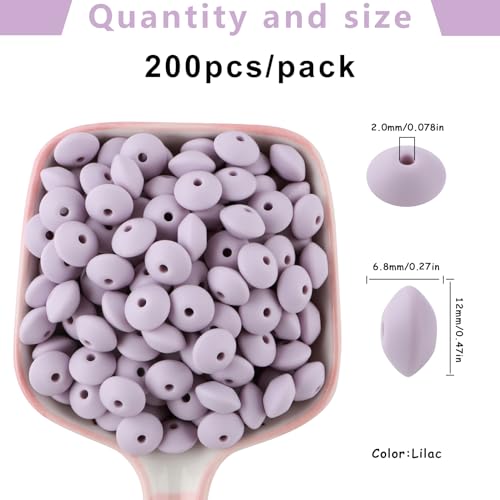 Sunrony 200Pcs Silicone Lentil Beads for Keychain Making, Bulk 12mm Silicone Abacus Spacer Beads for Necklace Bracelet Making Pens (Lilac) - color: K-Lilac
