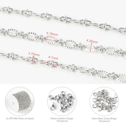 KYUNHOO 16.4 Feet Stainless Steel Chain Bulk Dainty Embossed Oval Cable Link Chain Roll Silver Jewelry Making Chains for Women Men DIY with Jump Rings Lobster Clasps - color: Silver Lip