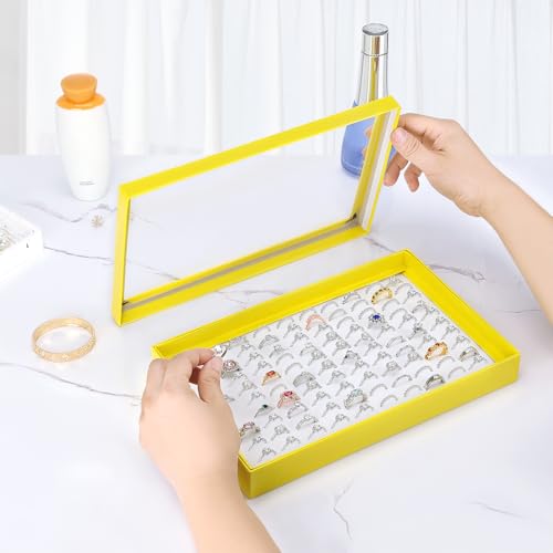 KUKUVR 100 Slots Ring Earring Holder Display Case, Velvet Jewelry Ring Earring Storage Organizer Box Tray with Clear Lid for Women And Selling Show (Yellow) - color: Yellow