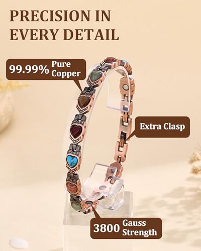 99.99% Pure Copper Bracelets for Women, Heart Wire Design Adjustable Jewelry with 3800 Gauss Ultra Magnets and Sizing Tool, Elegant Gift Box and Sizing Tool - color: Colorful Heart