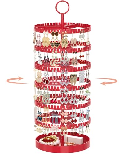 iDavosic.ly 6 Tier Rotating Earring Holder Organizer with Metal Tray, Adjustable Plastic Dangle Display Stands Tree with 342 Grooves, Large Hoop Storage Rack Tower, Red - color: Chili Red, size: 6 Tiers